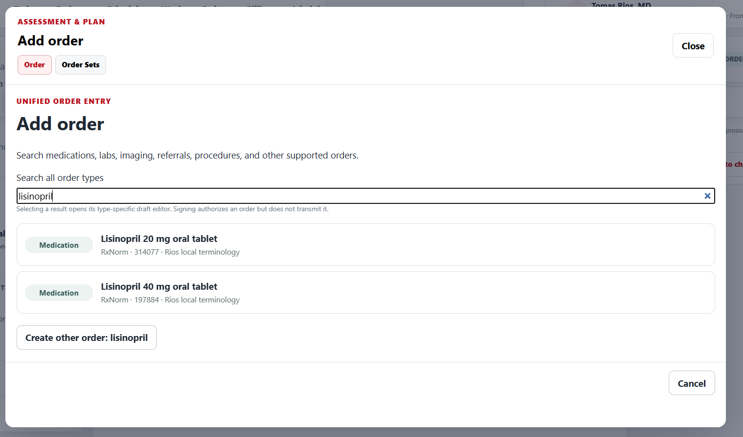 Rios EHR medication and order entry workflow